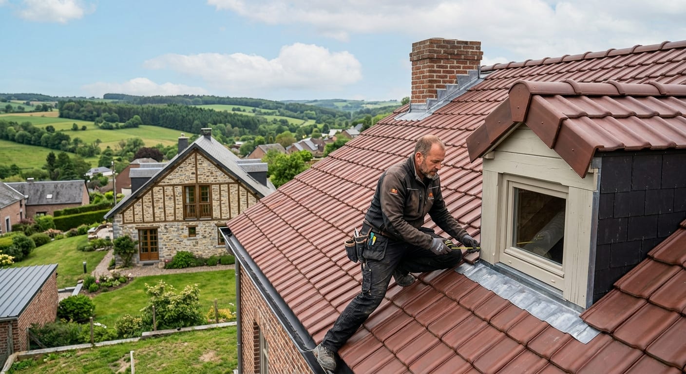 Artisan couvreur professionnel inspectant les finitions d'une couverture de toit impeccable sur une maison en Région Wallonne