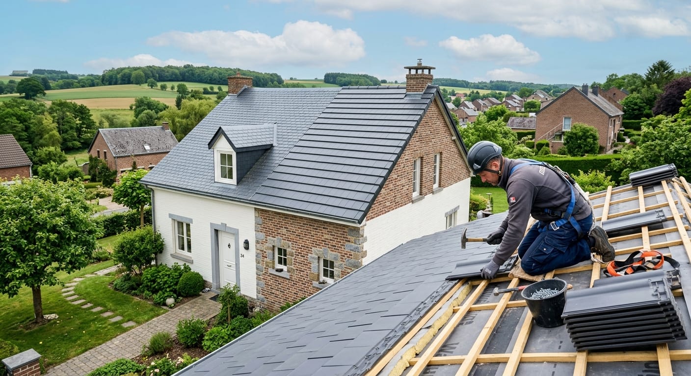 Vue d'une rénovation de toiture moderne et soignée sur une maison individuelle en Wallonie, travail artisanal de qualité